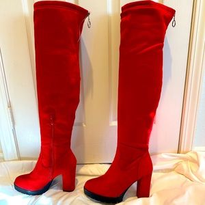 Red Knee High Faux Suede Boots